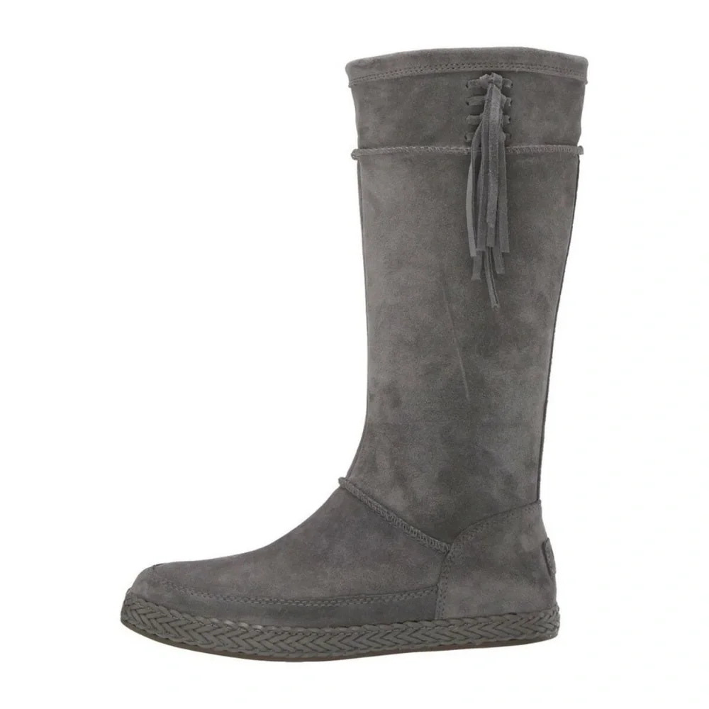 UGG Emerie Knee High Flat Boots Charcoal Gray Suede Tassel Charm Sz 7.5